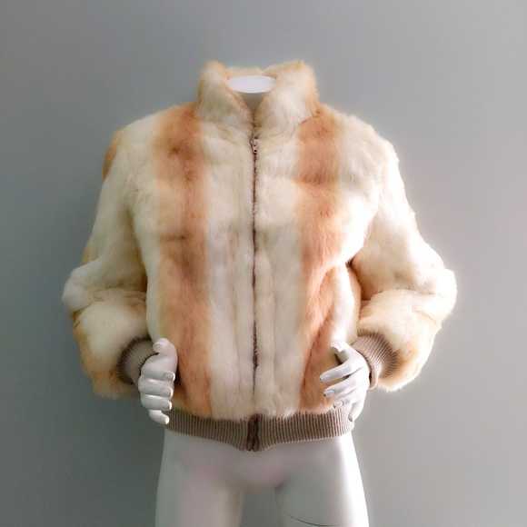 Vtg 80s Rabbit Fur Striped Bomber Zipper Jacket L - Picture 1 of 6